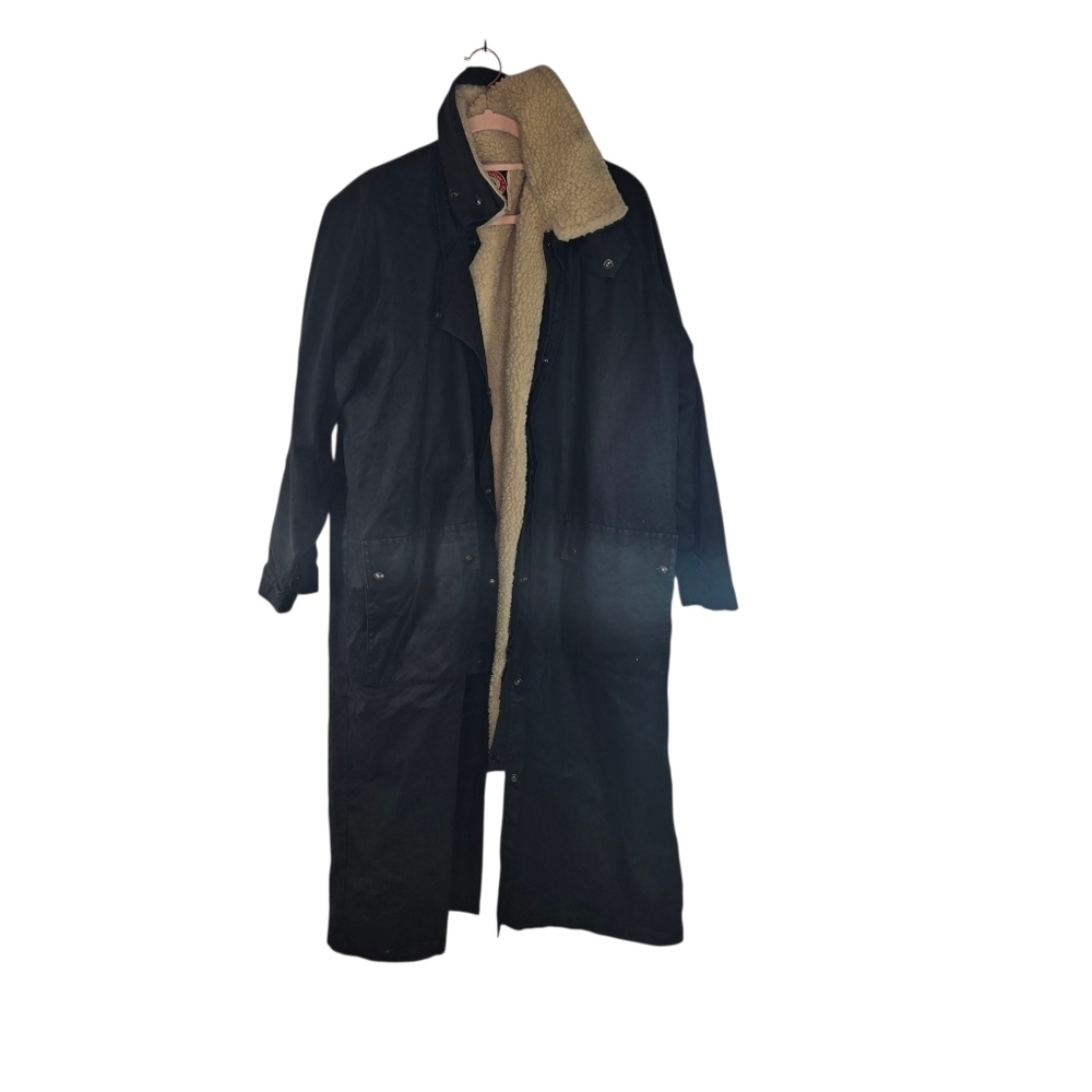 Vtg Outback Drover Rancher Duster Black Coated Oiled Wool Lined Long Coat Usa - Picture 2 of 16